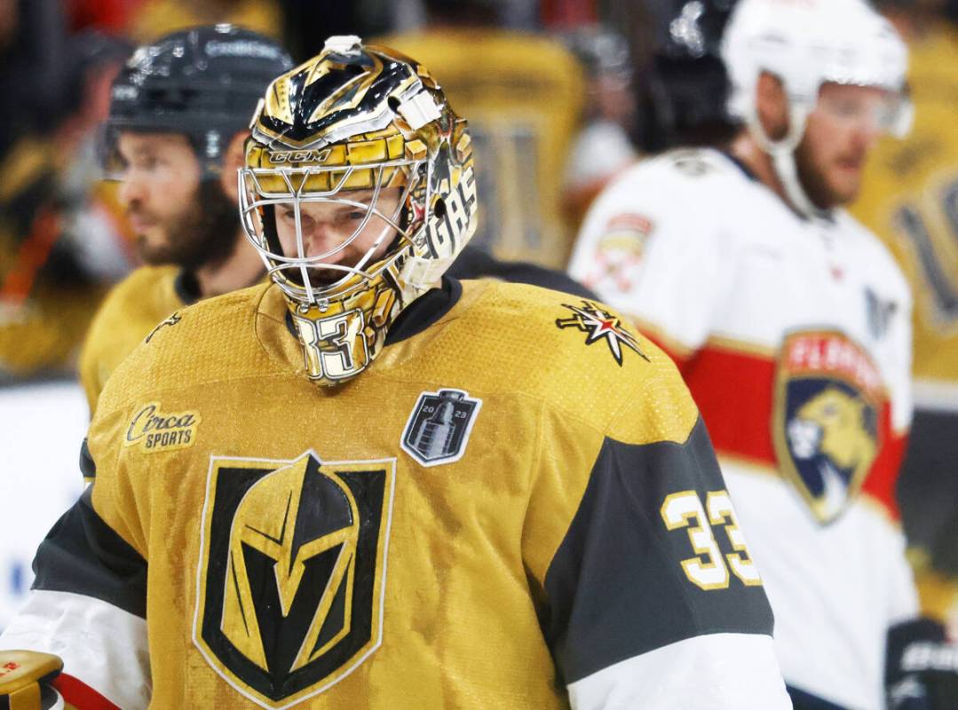 Golden Knights goaltender Adin Hill (33) is seen during the second period in Game 2 of the NHL ...