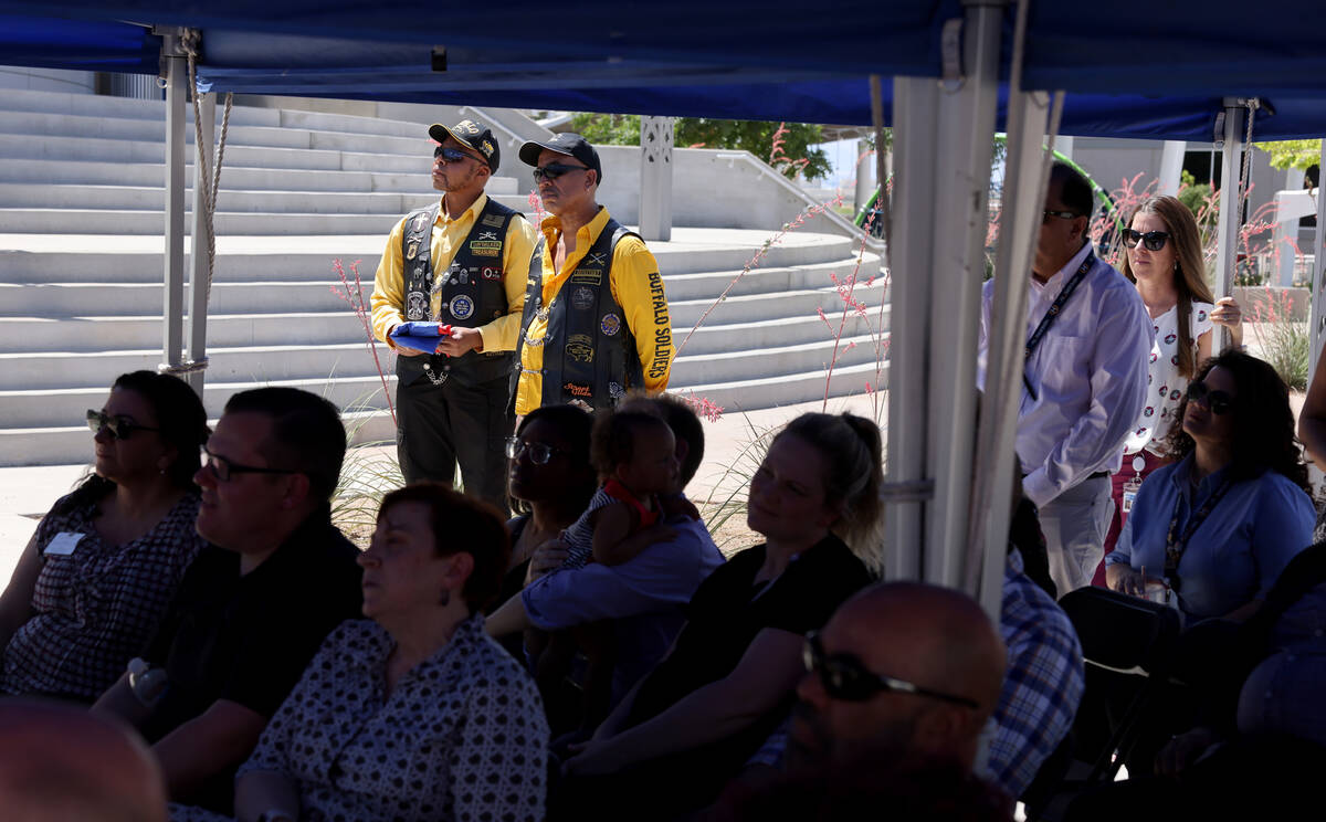 Will Witt, left, and Dave McKinney with Buffalo Soldiers Motorcycle Club Las Vegas Post stand w ...