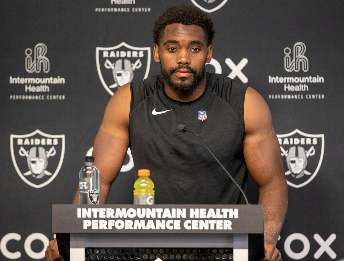 Raiders linebacker Divine Deablo attends a news conference during the team’s mandatory m ...