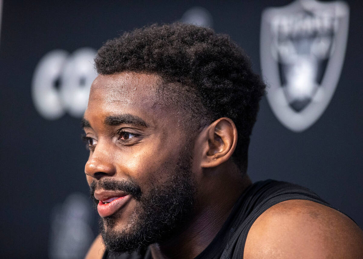 Raiders linebacker Divine Deablo answers questions at a news conference during the team’ ...
