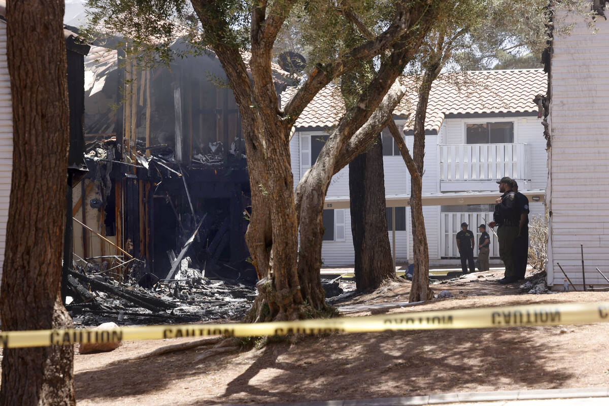 Burned apartments are seen at the Tides on Charleston, Tuesday, June 6, 2023, in Las Vegas. Six ...