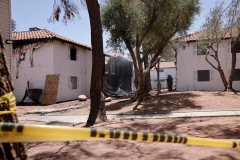 Burned apartments are seen at the Tides on Charleston, Tuesday, June 6, 2023, in Las Vegas. Six ...
