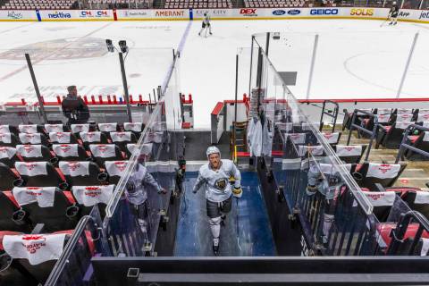 Golden Knights center Jack Eichel (9) leaves the ice following an early skate before Game 3 of ...