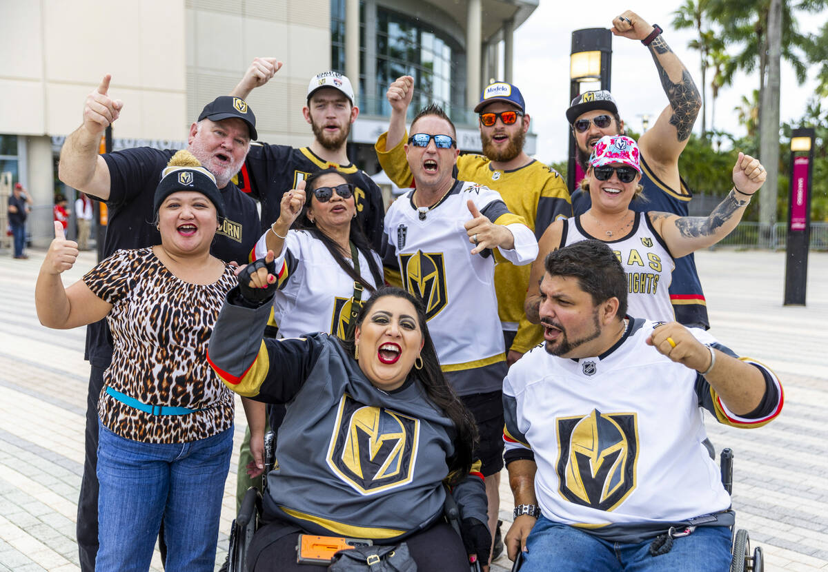Golden Knights fans cheer outside before Game 3 of the NHL hockey Stanley Cup Final series agai ...
