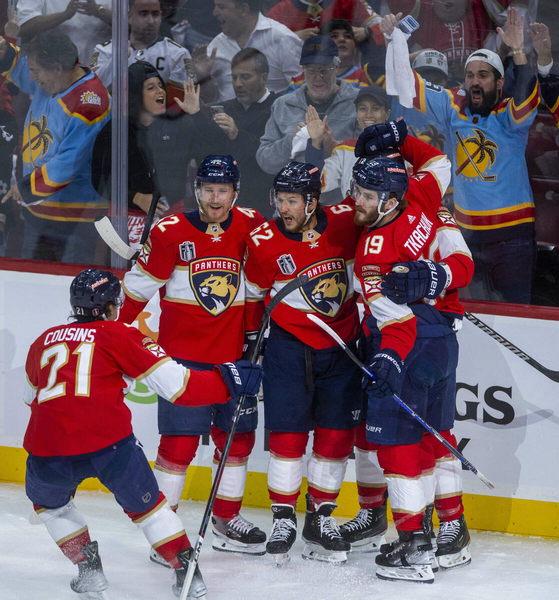Florida Panthers players celebrate a goal in the first period during Game 3 of the NHL hockey S ...