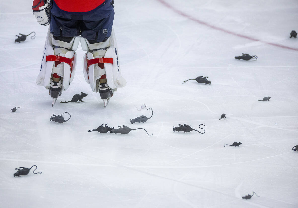 Florida Panthers goaltender Sergei Bobrovsky (72) skates off amidst a bunch of rats on the ice ...