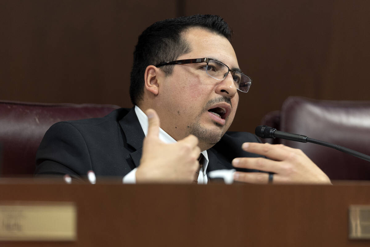 Sen. Edgar Flores, D-Las Vegas, asks questions during a meeting in February 2023 in Carson City ...