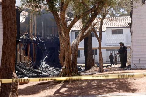 Burned apartments are seen at the Tides on Charleston, Tuesday, June 6, 2023, in Las Vegas. Six ...