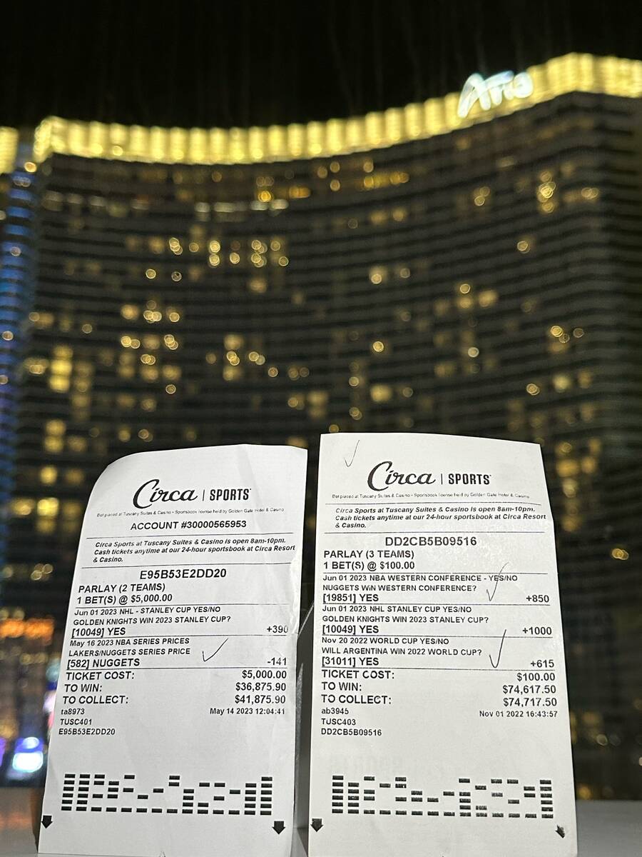 Two of Jon Grace's parlay tickets that are tied to the Golden Knights winning the Stanley Cup. ...