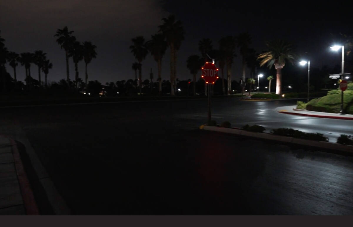 A screenshot of a video taken June 5, 2023, showing lighting conditions at Rhodes Ranch Parkway ...