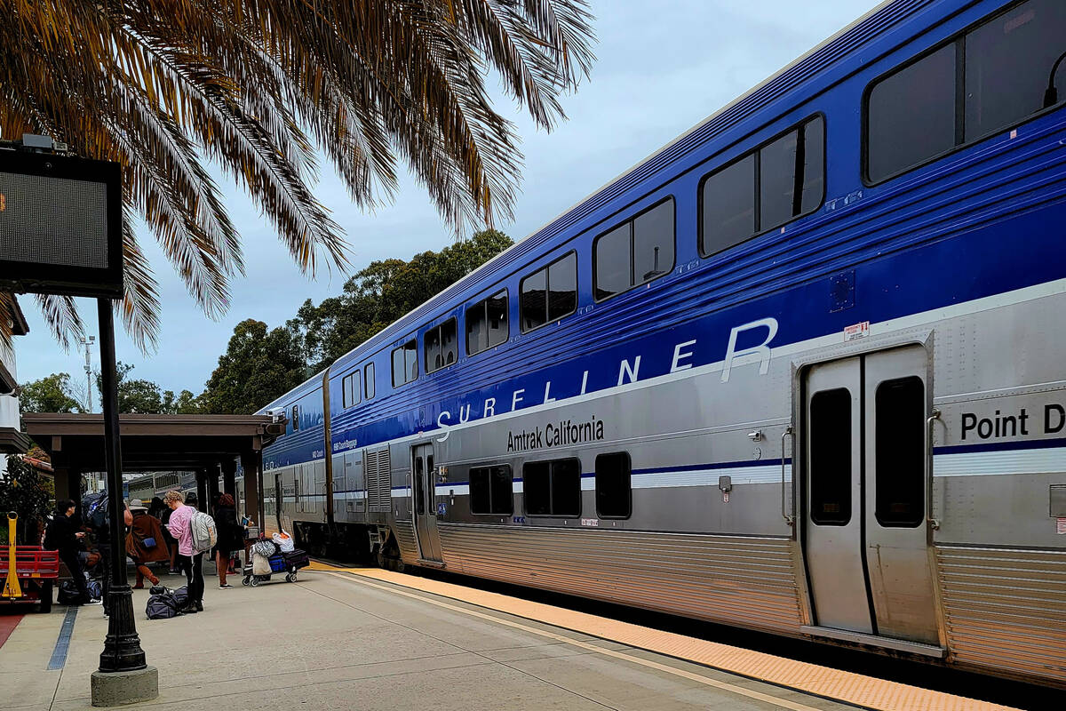 Pacific Surfliner at San Luis Obispo station while passengers get ready to board for southbound ...