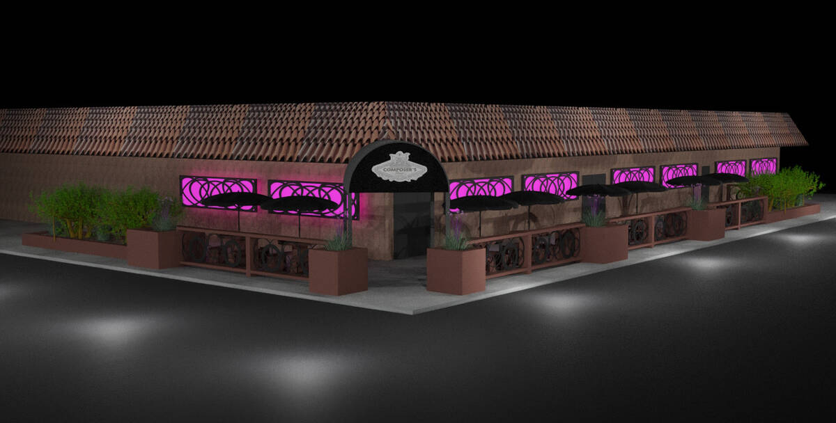 A rendering of The Composers Room Showlounge & Restaurant at Commercial Center. The entrance fa ...