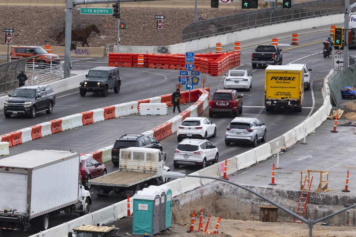 Motorists navigate through the diverging diamond interchange that was added on Tropicana over I ...