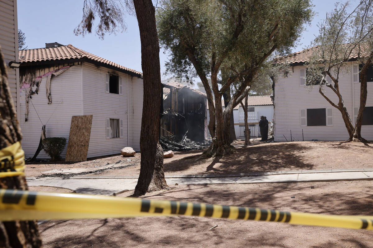 Burned apartments are seen at the Tides on Charleston, Tuesday, June 6, 2023, in Las Vegas. Six ...