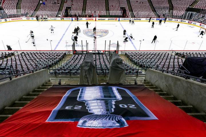 The Golden Knights practice during an early skate before Game 3 of the NHL hockey Stanley Cup F ...