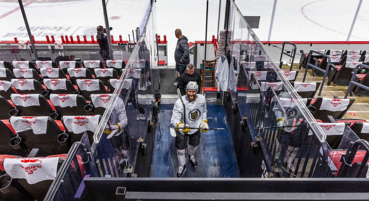 Golden Knights center Nicolas Roy (10) leaves the ice following an early skate before Game 3 of ...