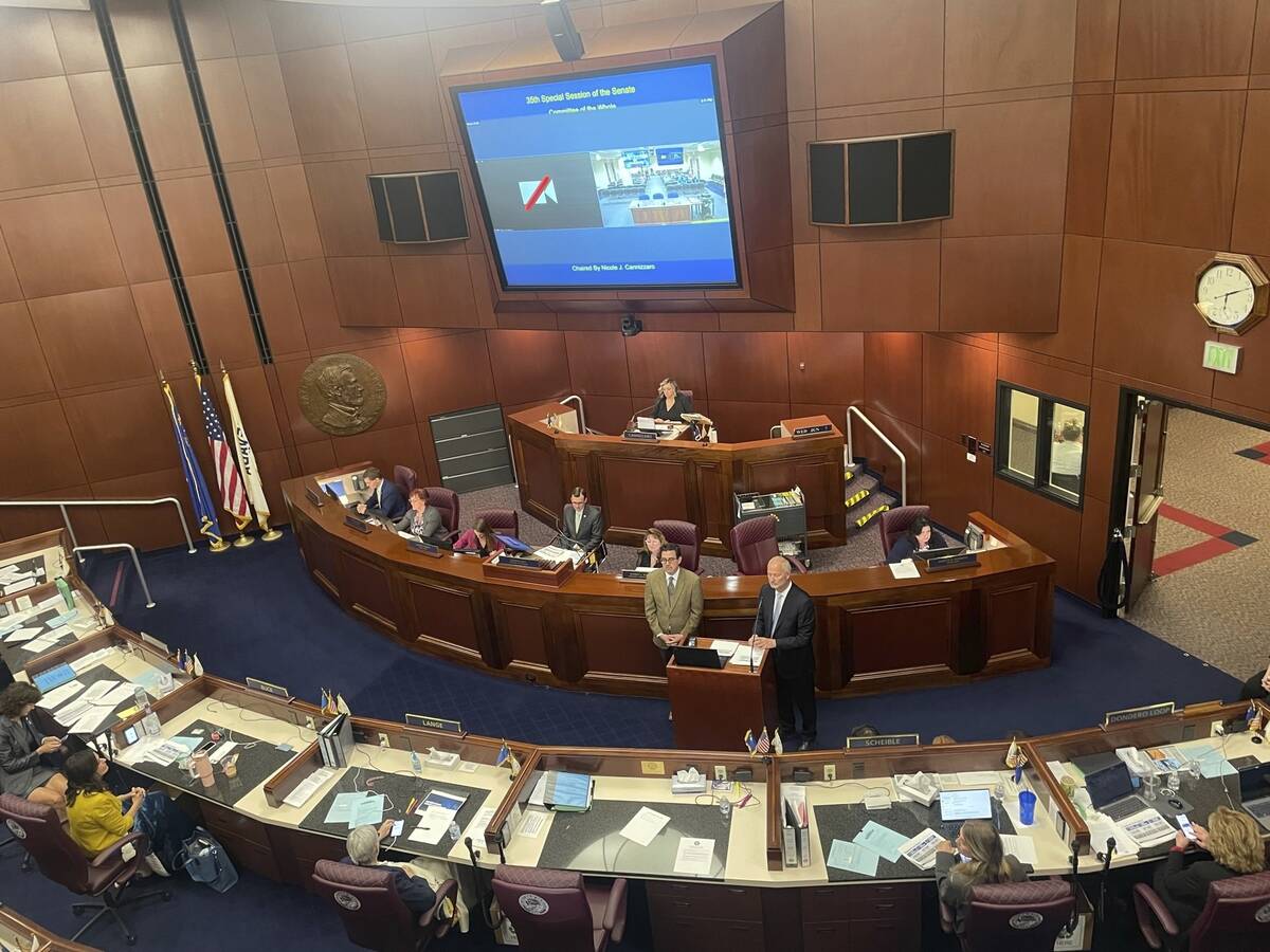 Lawmakers sit at their desks in the Nevada state Senate chambers on Wednesday, June 7, 2023, in ...