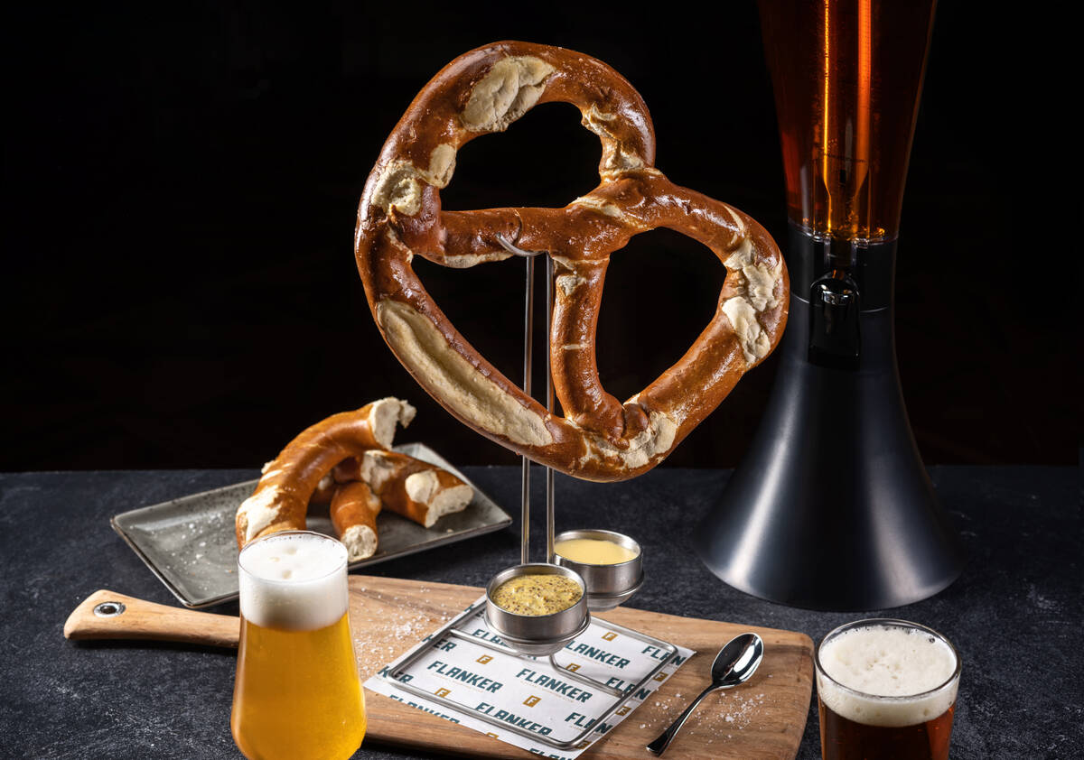 The pretzel presentation from Flanker Kitchen & Sports Bar opening June 10, 2023, in Mandalay B ...