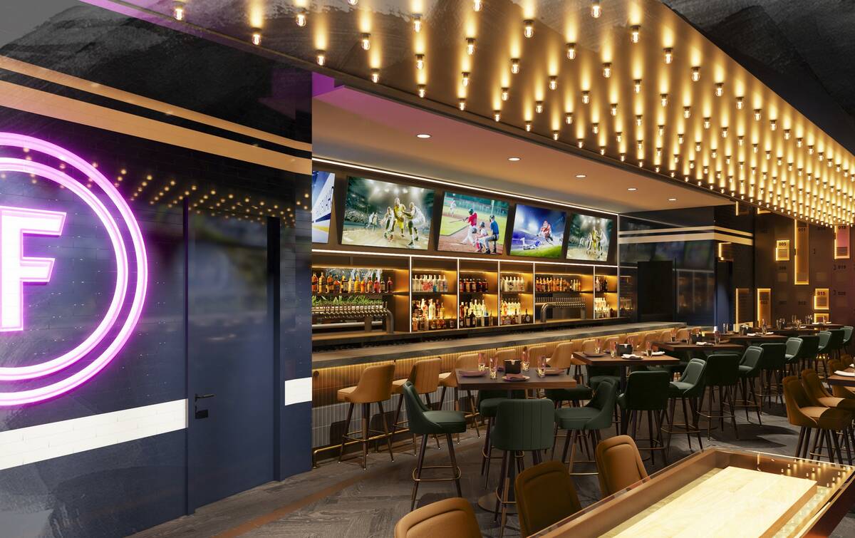 A rendering of the main bar at Flanker Kitchen & Sports Bar opening June 10, 2023, in Mandalay ...