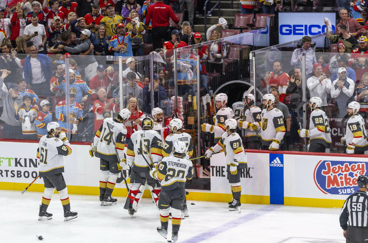 Golden Knights players leave the ice as the Florida Panthers win 3-2 in an overtime period duri ...