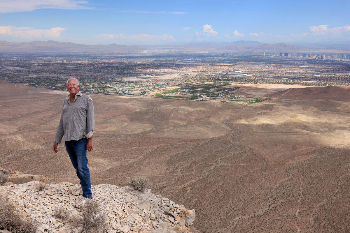 Developer Jim Rhodes shows a view of the Las Vegas Valley from his Blue Diamond Hill Gypsum Min ...