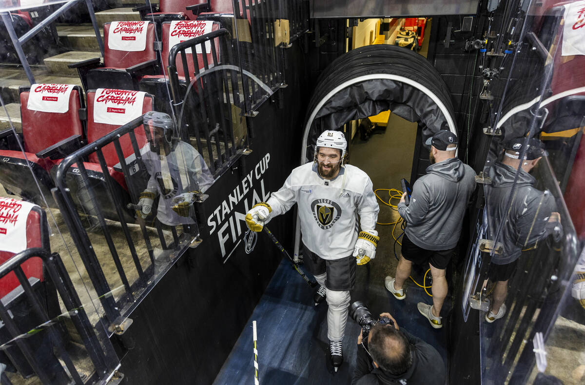 Golden Knights right wing Mark Stone (61) enters the ice during the morning skate before Game 4 ...