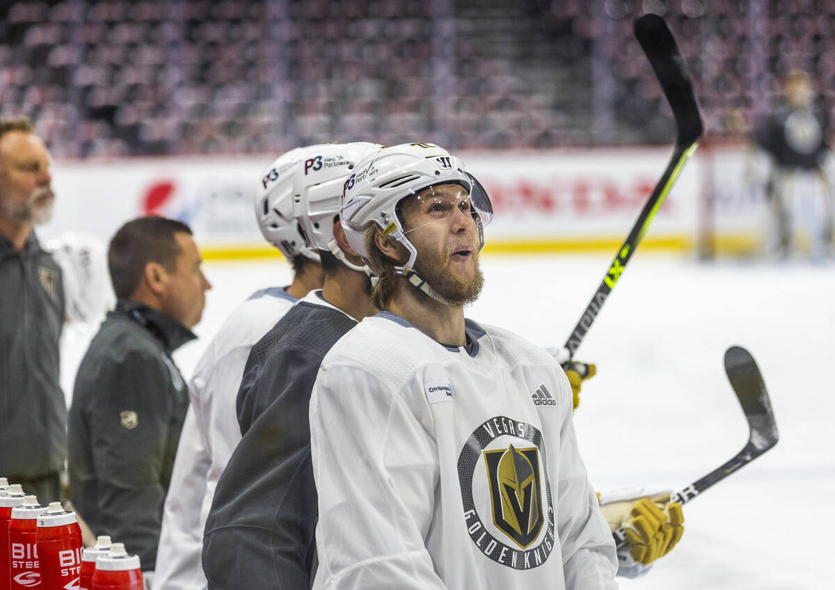 Golden Knights center William Karlsson (71) laughs during the morning skate before Game 4 of th ...