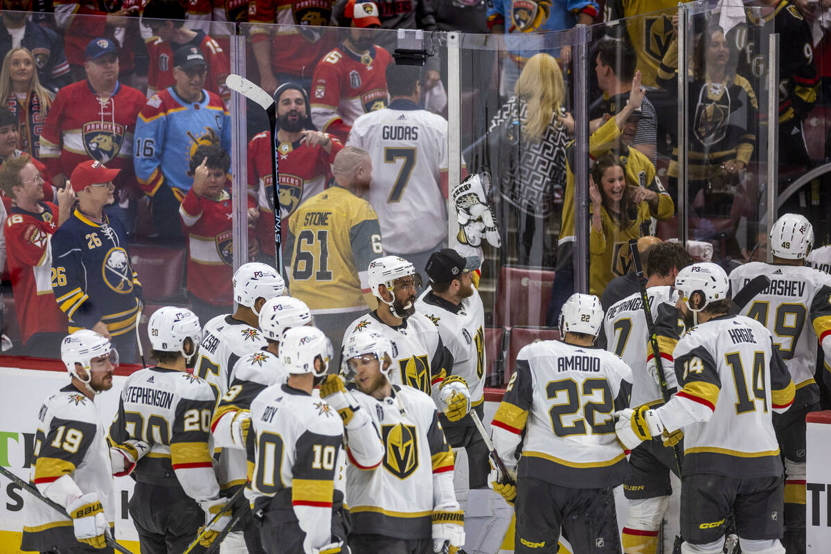 Golden Knights players leave the ice as fans react beating the Florida Panthers 3-2 following p ...