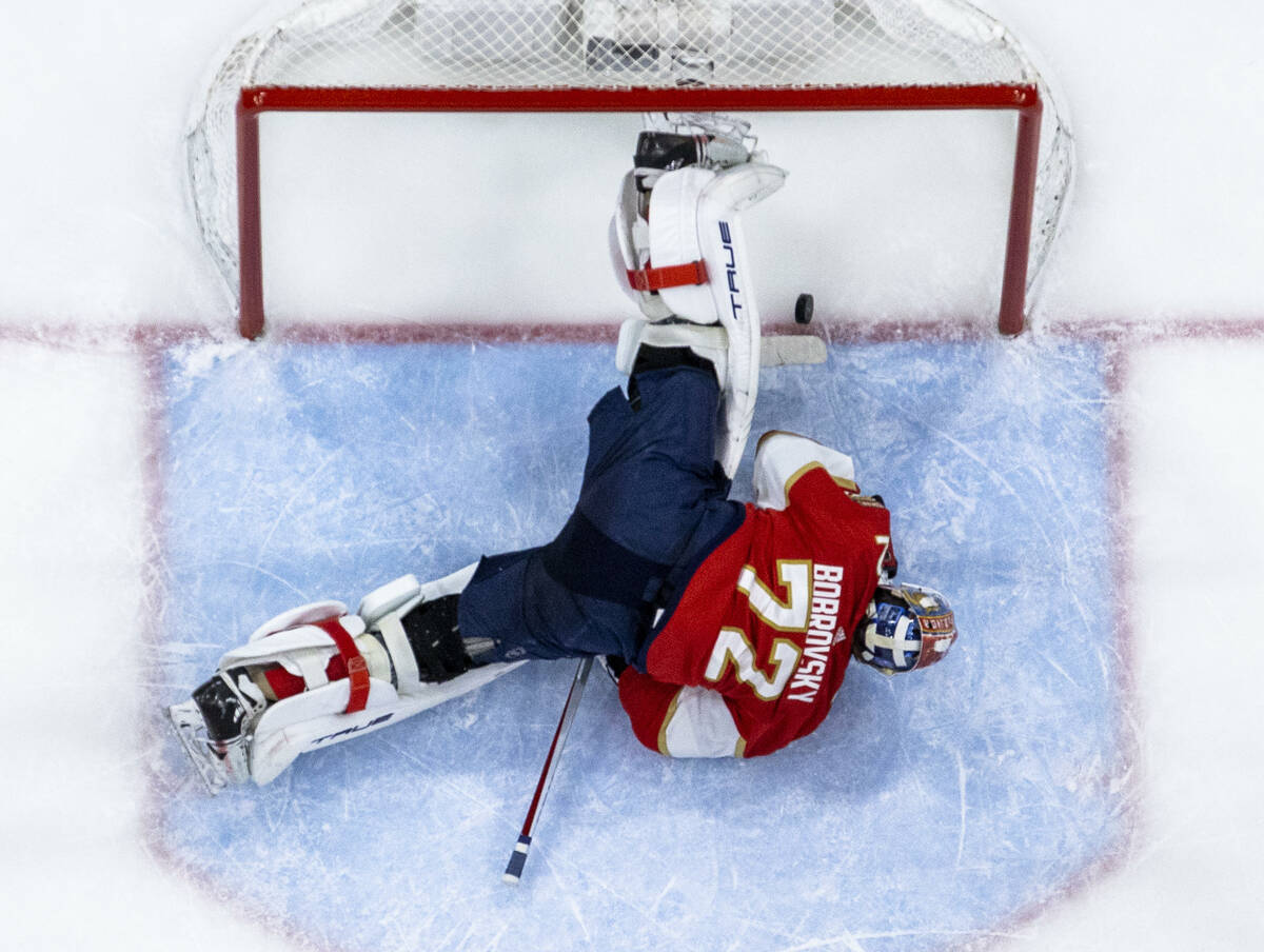 Florida Panthers goaltender Sergei Bobrovsky (72) is unable to stop a goal by the Golden Knight ...