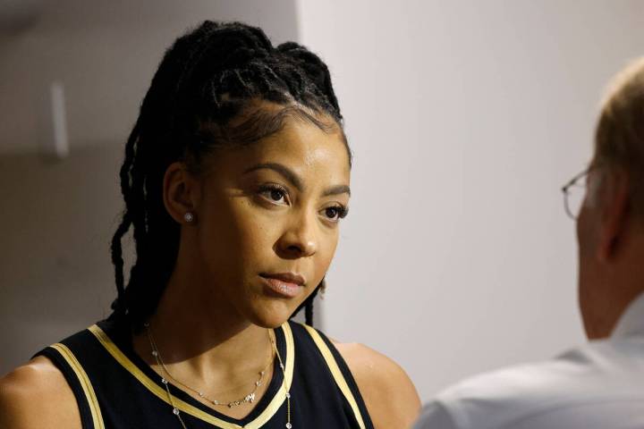 Las Vegas Aces’ Candace Parker talks to a reporter during their media day, Monday, May 1 ...