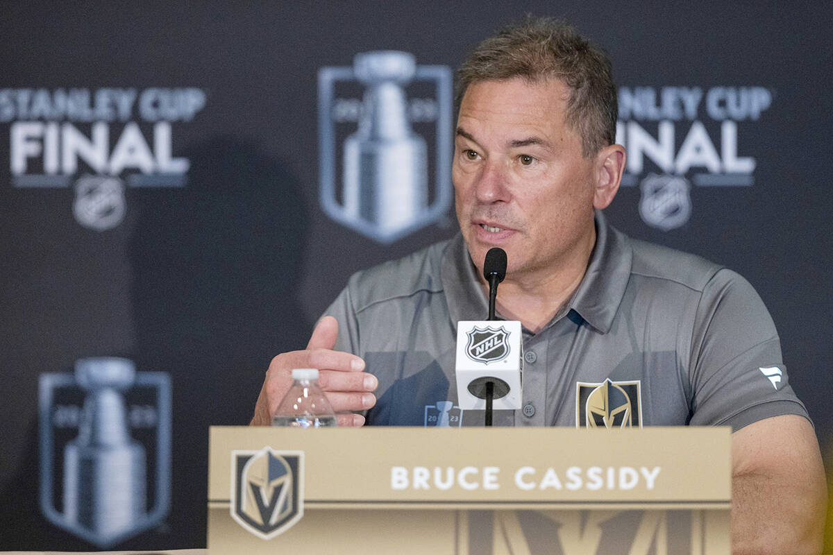 Vegas Golden Knights head coach Bruce Cassidy answers questions during a news conference at The ...