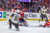 f72 deflects a shot from Golden Knights right wing Jonathan Marchessault (81) in period 2 of G ...