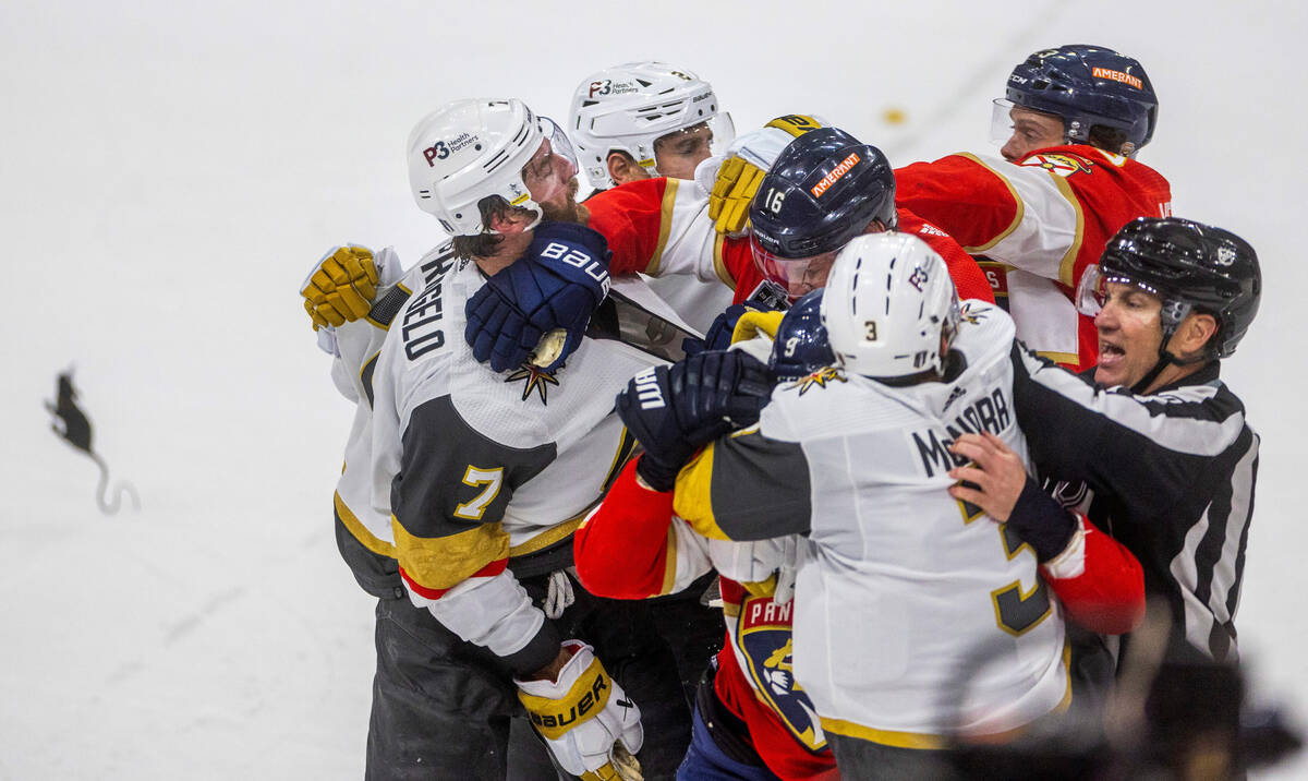 Golden Knights and Florida Panthers players fight following of Game 4 of the NHL hockey Stanley ...