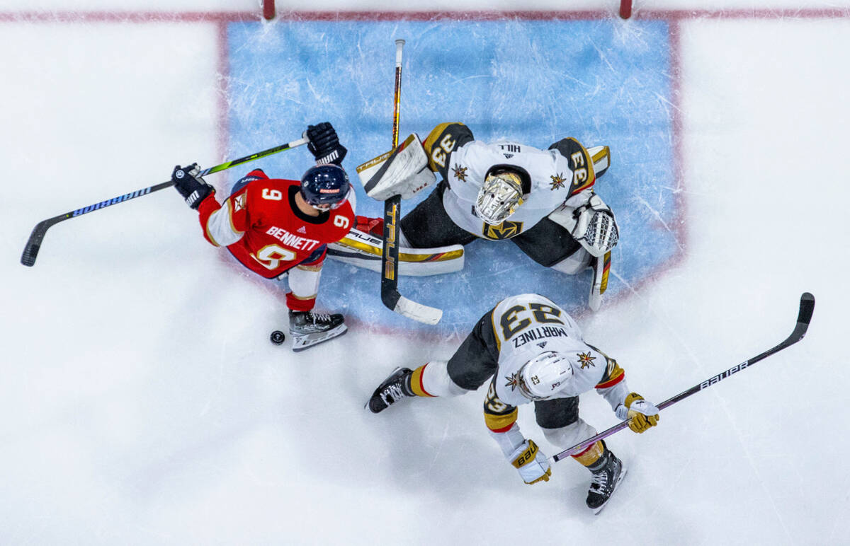 Florida Panthers center Sam Bennett (9) had a shot defended with a pad by Golden Knights goalte ...