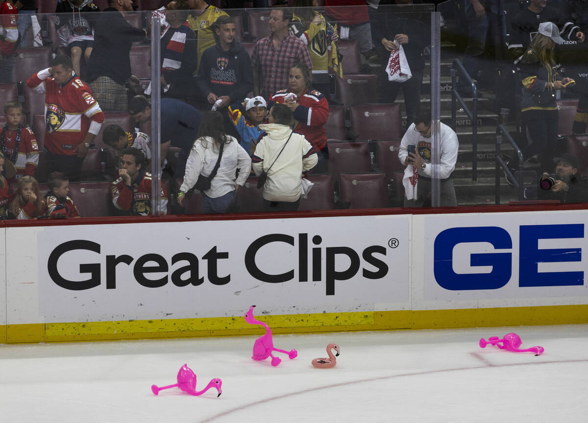 Flamingos on the ice after the Golden Knights defeat the Florida Panthers 3-2 following of Game ...