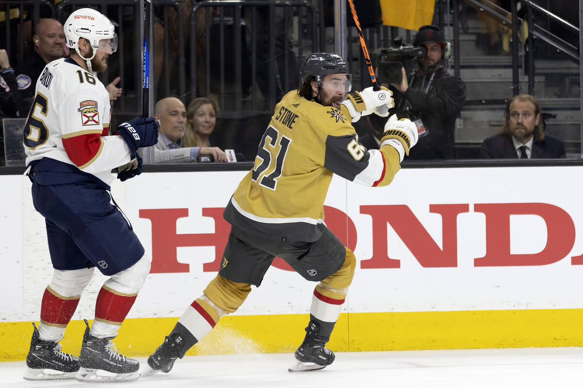 Golden Knights right wing Mark Stone (61) celebrates his goal while Florida Panthers center Ale ...