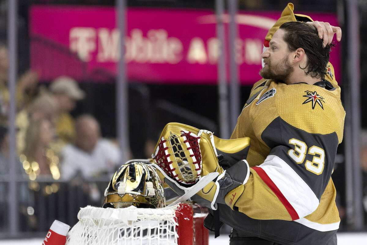 Golden Knights goaltender Adin Hill (33) takes a break during the second period in Game 5 of th ...