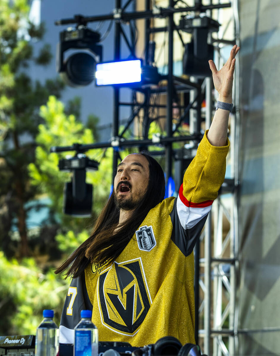 DJ Steve Aoki performs for the Golden Knights fans outside before Game 5 of the NHL hockey Stan ...