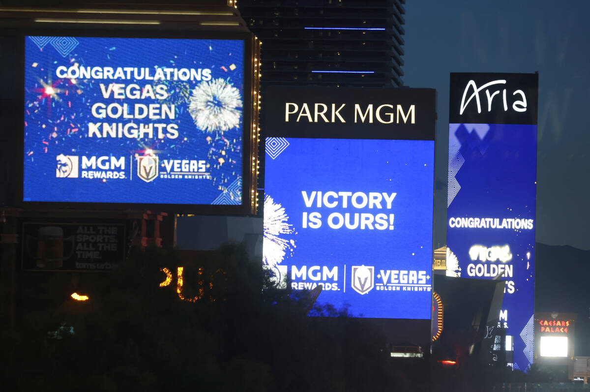 Congratulations messages are displayed on marquees on the strip after Golden Knights won the St ...
