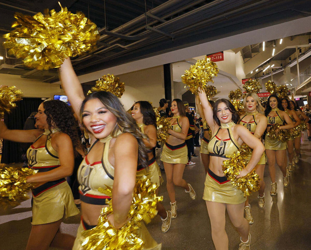 Vegas Golden Knights Vegas Vivas cheerleaders march around before the Game 5 of the NHL hockey ...