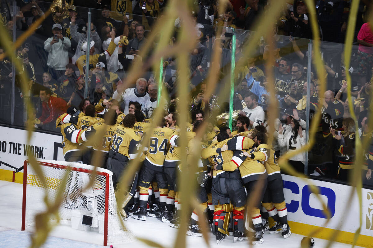 Golden Knights players celebrate their victory against Florida Panthers after the Game 5 of the ...