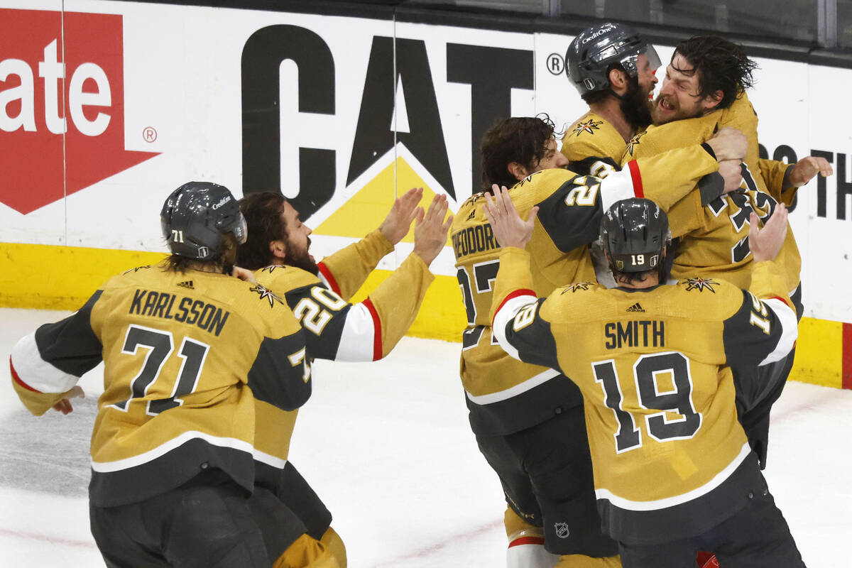 Golden Knights goaltender Adin Hill (33) celebrates their victory against Florida Panthers with ...