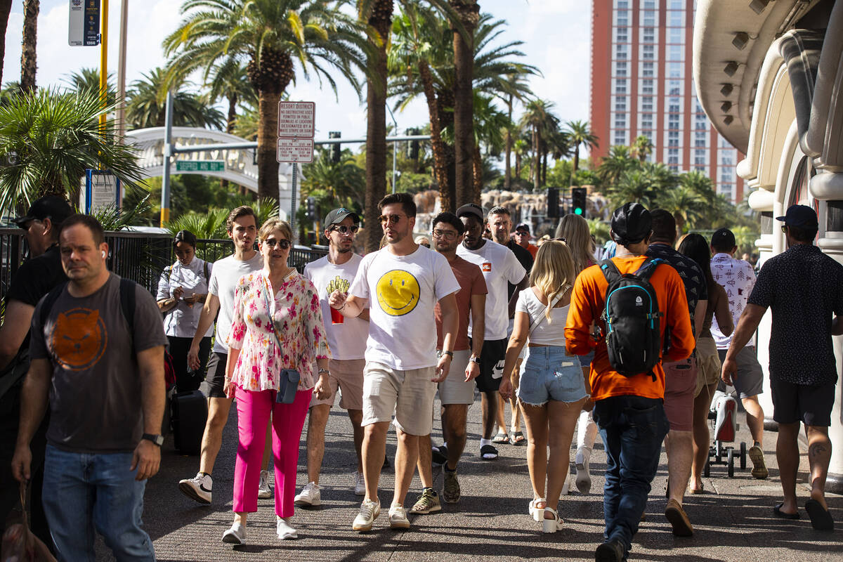 Tourists walk through the strip on Friday, June 2, 2023, in Las Vegas. (Daniel Pearson/Las Vega ...