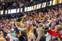 Golden Knights fans celebrate another goal against the Florida Panthers in the third period dur ...