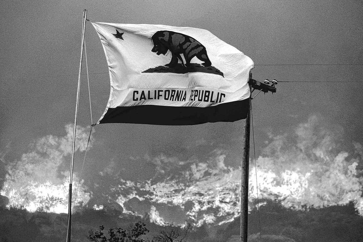 The California state flag flies next to a home on Highway 94 south Potrero, Calif., on Monday, ...