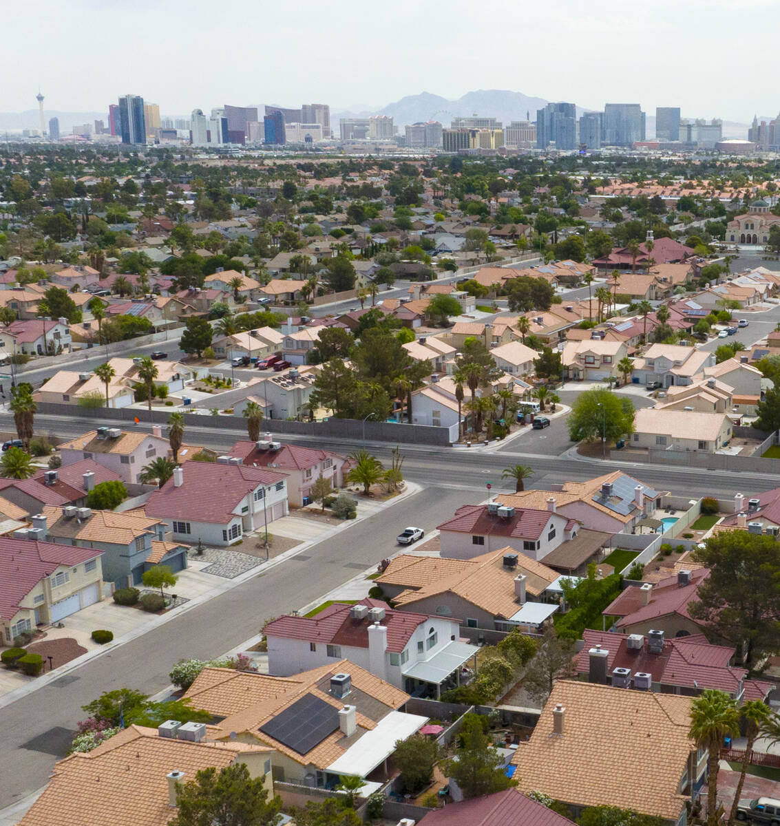 An aerial photo shows homes near Buffalo Drive, on Thursday, June 15, 2023, in Las Vegas. (Bizu ...