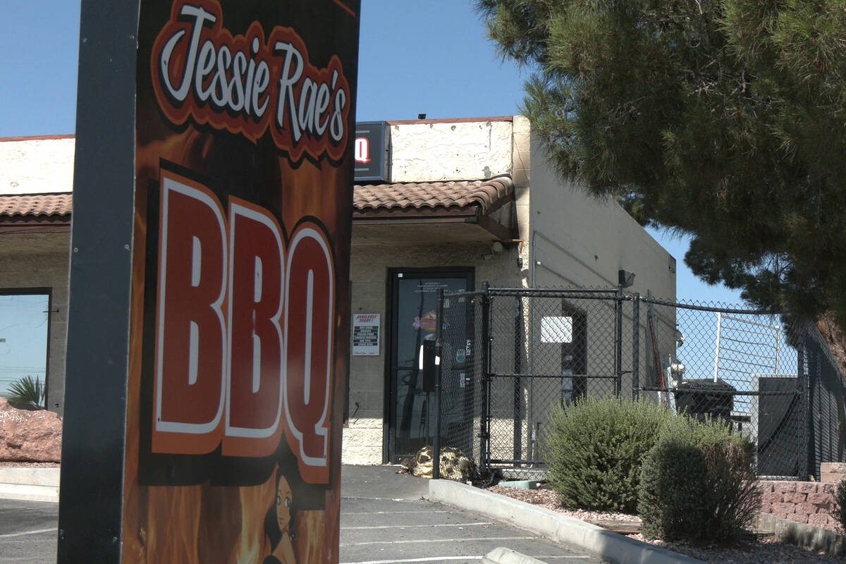 This screenshot from video shows Jessie Rae's BBQ at 5611 S. Valley View Blvd. following a fire ...