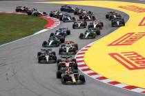 Red Bull driver Max Verstappen of the Netherlands leads at the start of the Spanish Formula One ...