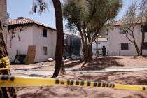 Burned apartments are seen at the Tides on Charleston, Tuesday, June 6, 2023, in Las Vegas. Six ...