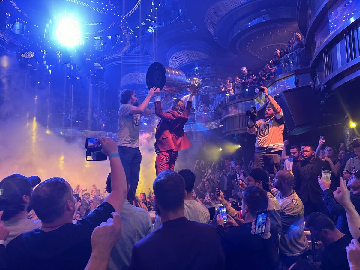 Mark Stone and William Karlsson hold the Stanley Cup at Omnia at Caesars Palace late night afte ...